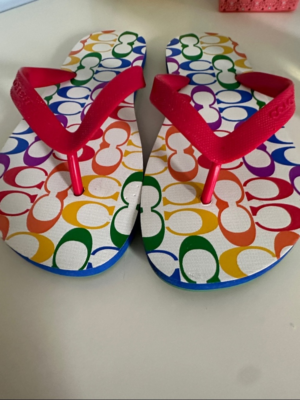 Coach Multicolor Rainbow Signature Flip Flops with Pink Straps sz 8 nwot - Picture 6 of 6